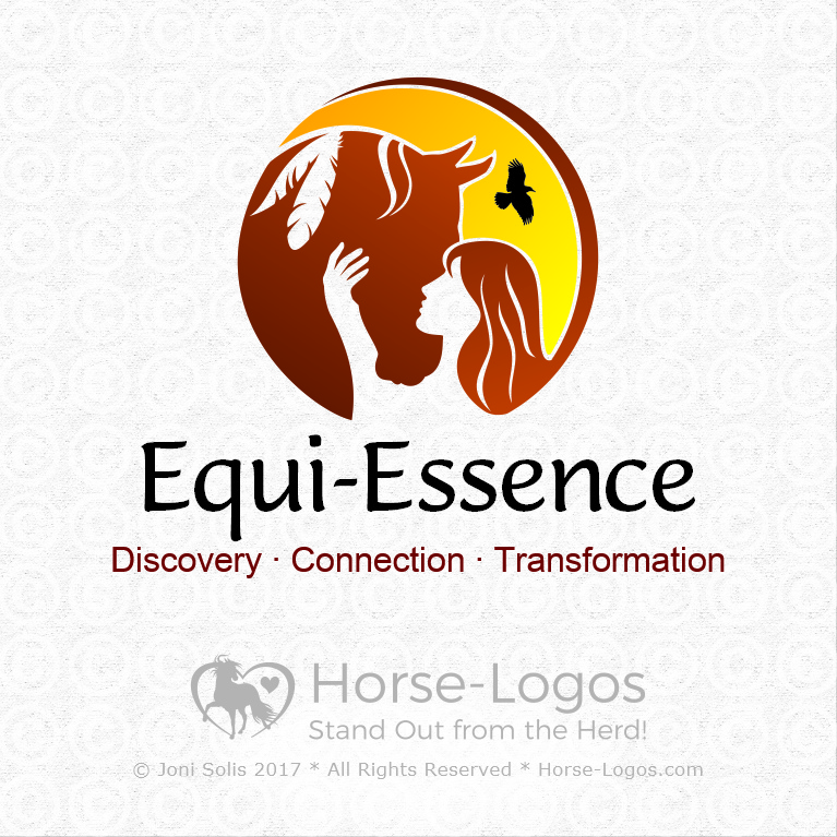 Horse Logo of a horse head and a lady in close to the horse with a raven flying in the background