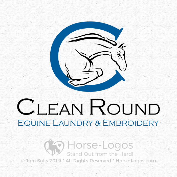 Horse logo design showing a horse jumping through the letter C for a company does equine laundry and embroidery 