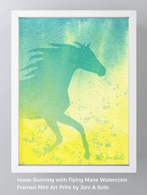 Horse running with flying mane watercolor print artwork with teals, greens, blues, and yellows colors. 